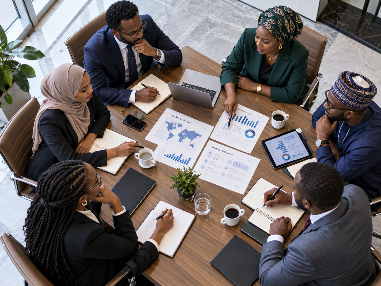 Leaders collaborating around a meeting table